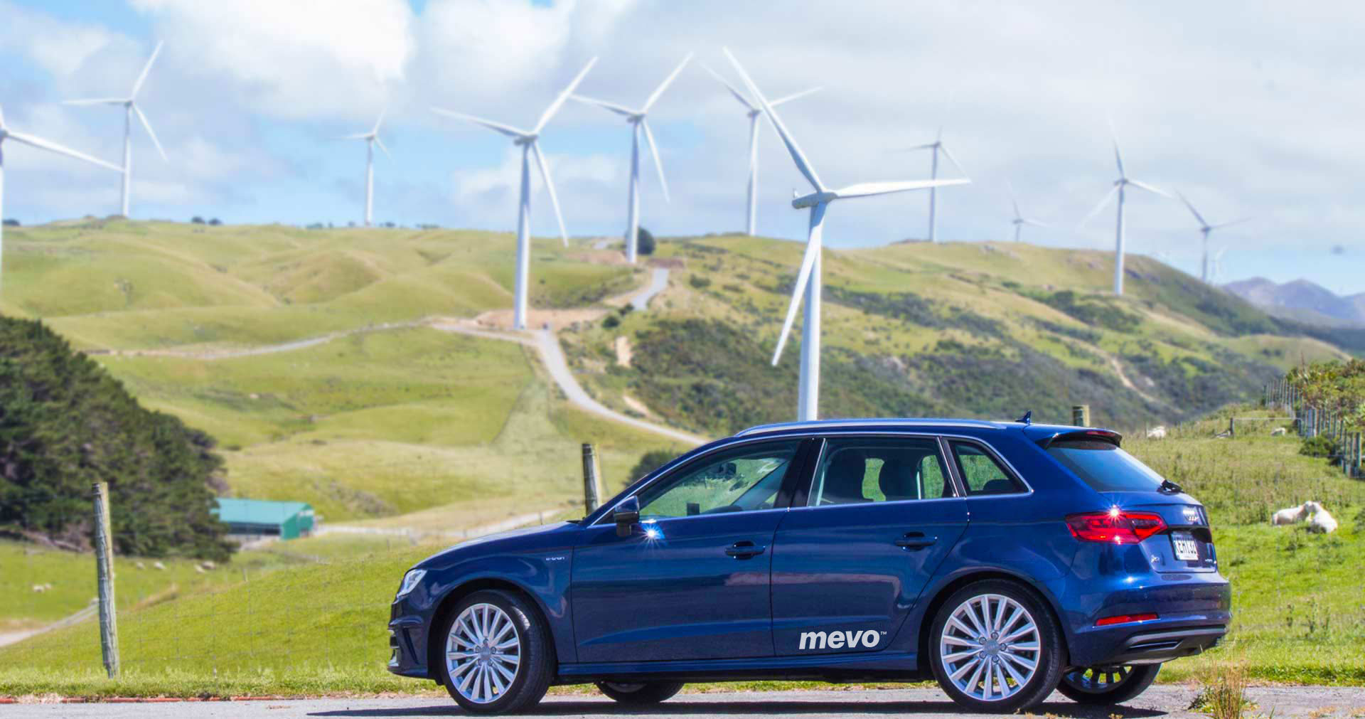 Audi A3 e-tron parked at Meridian Energy's West Wind farm