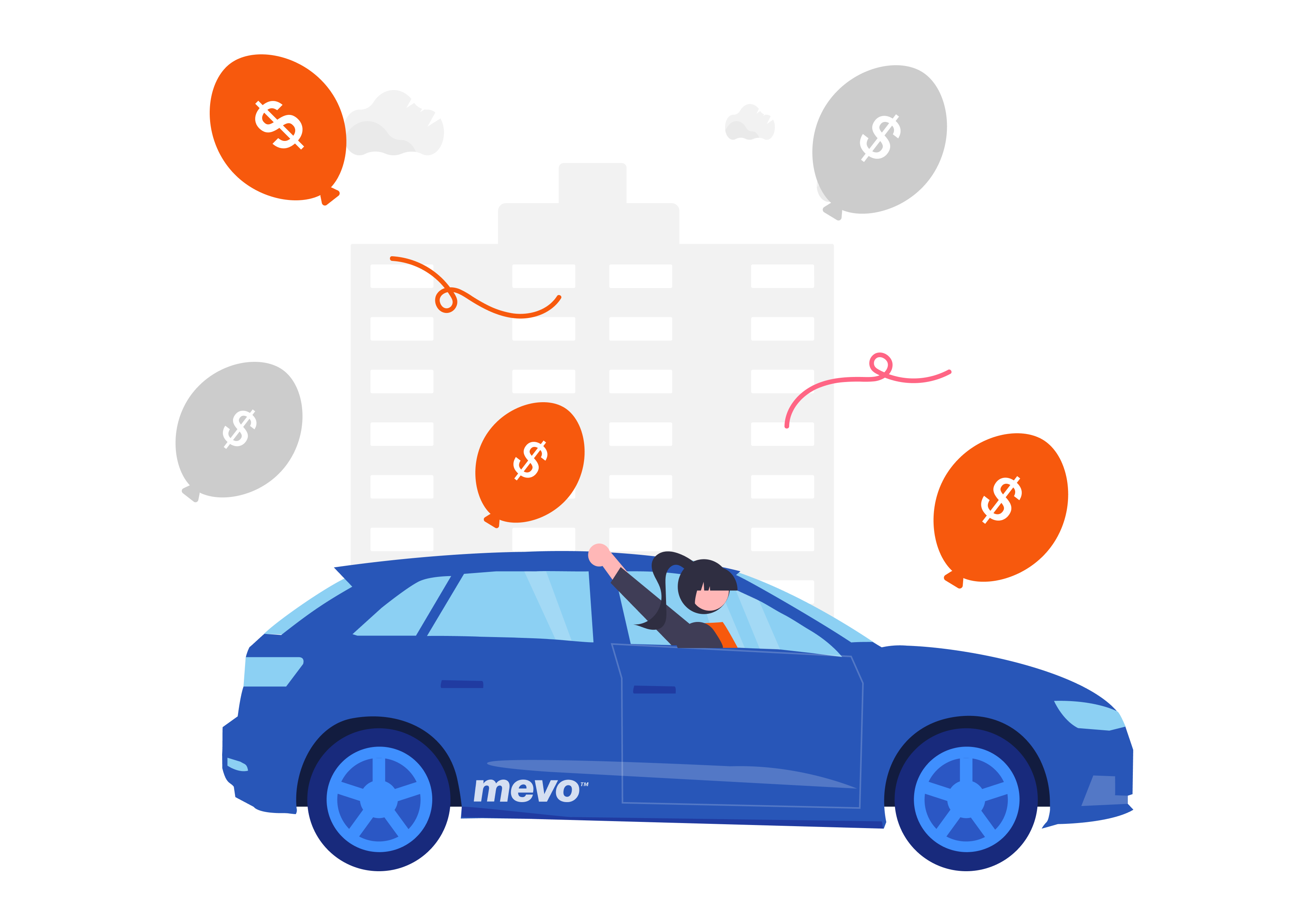 Graphic showing a staff member driving a Mevo vehicle, with illustration of the savings
