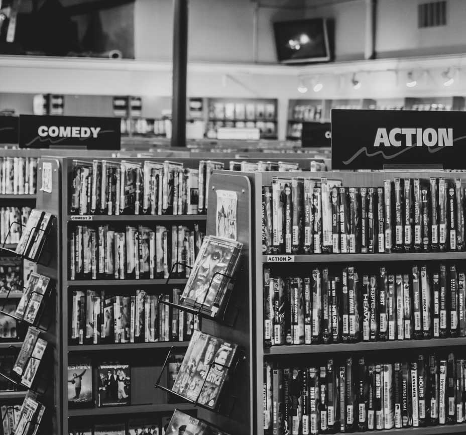 Photo of the inside of a DVD rental store.