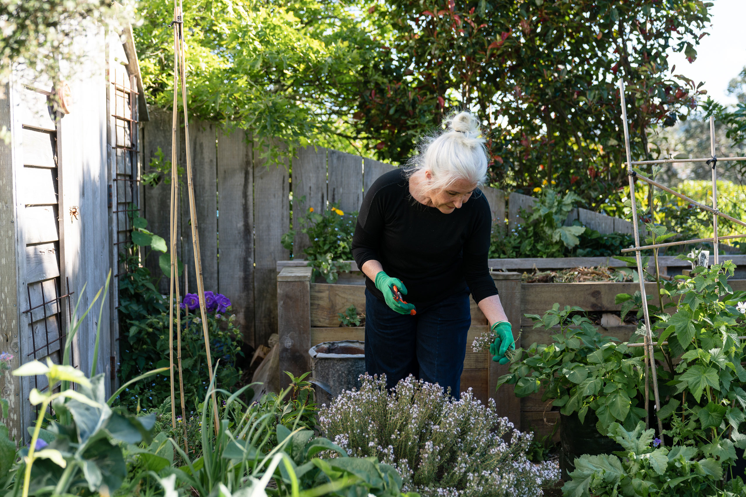 Anne tending to her backyard garden.