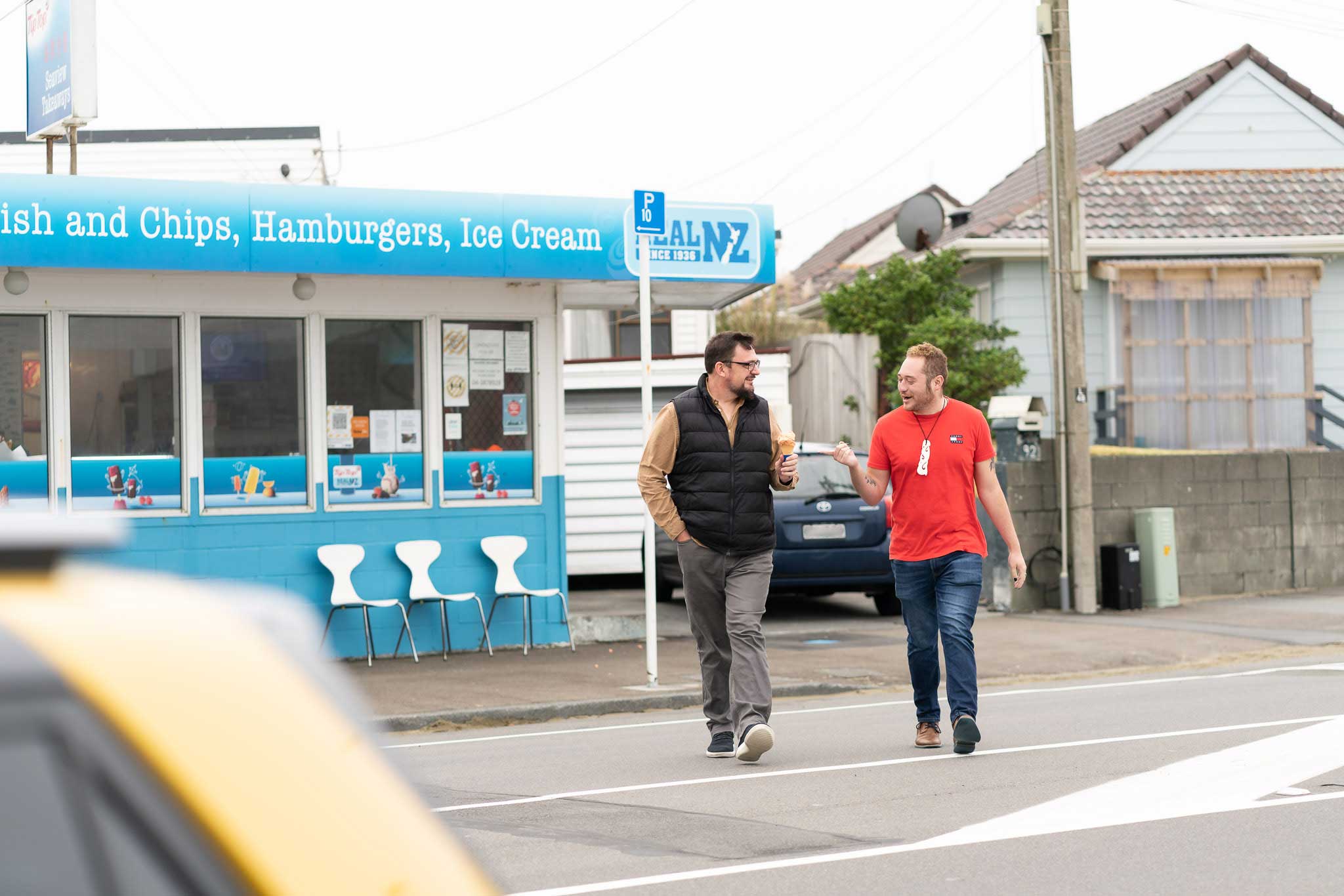 Jason and his partner getting ice cream with a Mevo vehicle.