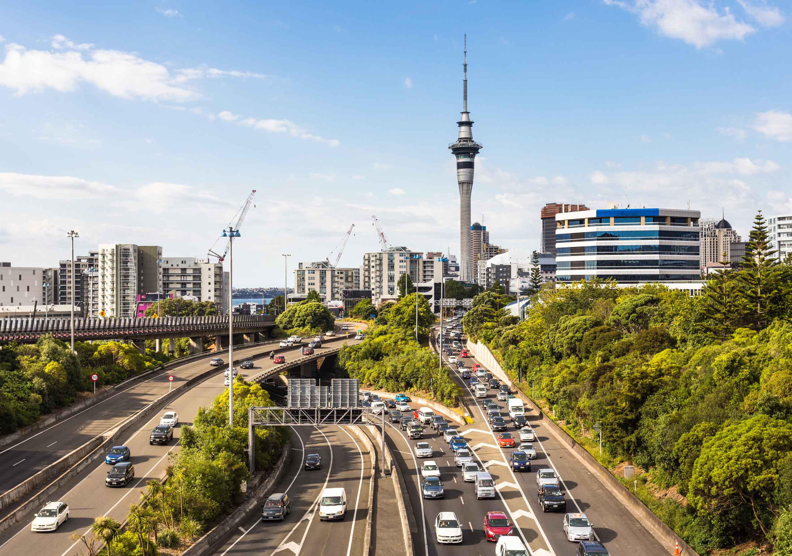 Photo of a traffic jam on the Auckland motorway with the Sky Tower in the background.